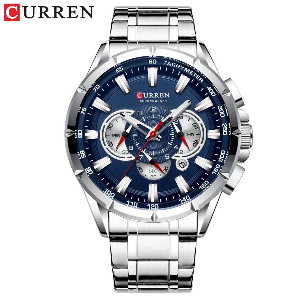 CURREN New Casual Sport Chronograph Men's Watches Stainless Steel Band Wristwatch Big Dial Quartz Clock with Luminous Pointers 