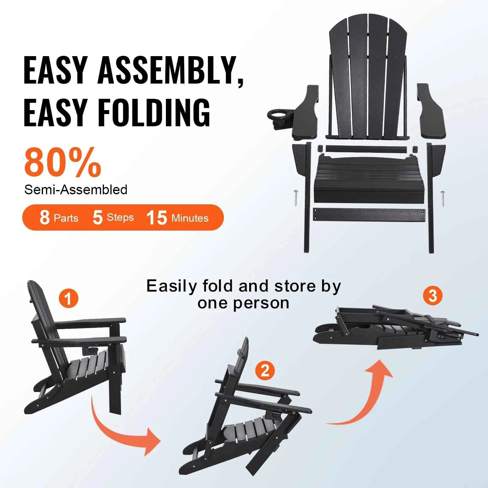 VEVOR Adirondack Chair Plastic Set of 2 All-Weather Portable Folding Fire Pit Chair w/ Cup Holder Relaxing Arm Rest Ergonomic