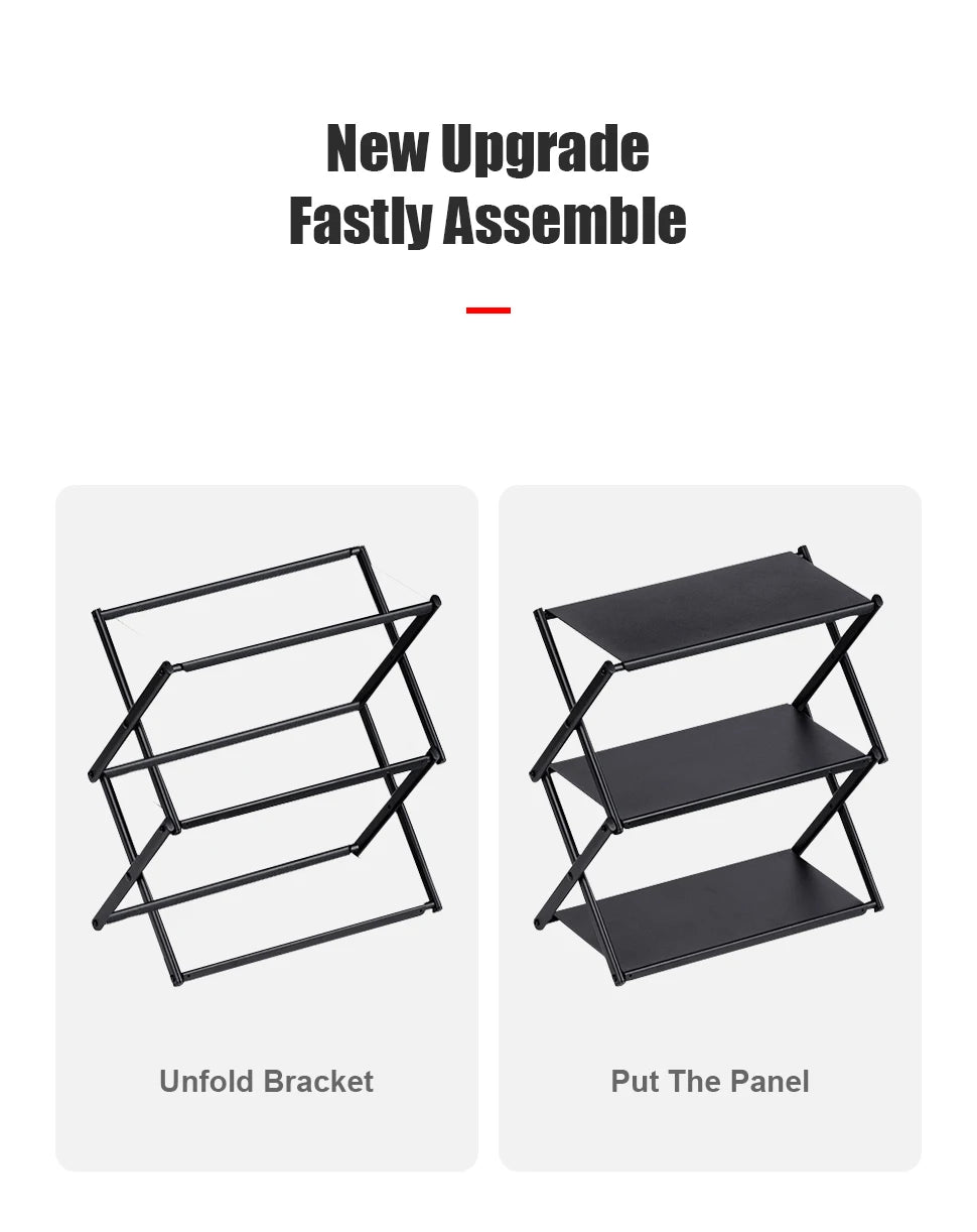 Camping Foldable Three-Tier Storage Shelf Rack for Outdoor Use