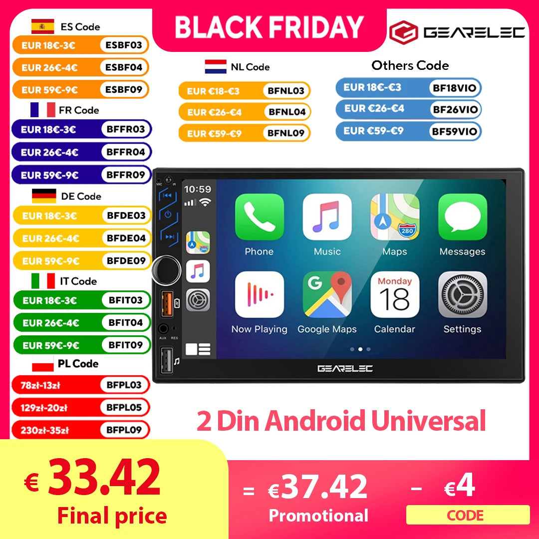 7 Inch Car Radio 2 Din Android 13 CarPlay Multimedia Player