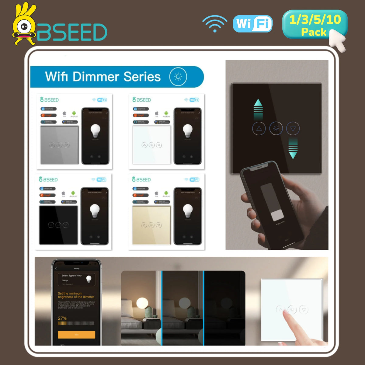 BSEED WIFI Dimmer Switches Smart Dimmable LED Light Switches Blue Backlight Glass Tuya APP Wall Switches EU Alexa Yandex Control
