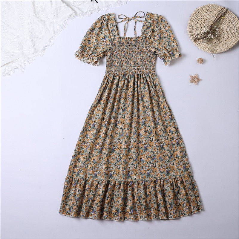 Summer Pleated Women Chiffon Dresses Casual Beach Holiday Short Sleeve Square Collar Woman Midi Dress Bohemian Mujer Vestidos 