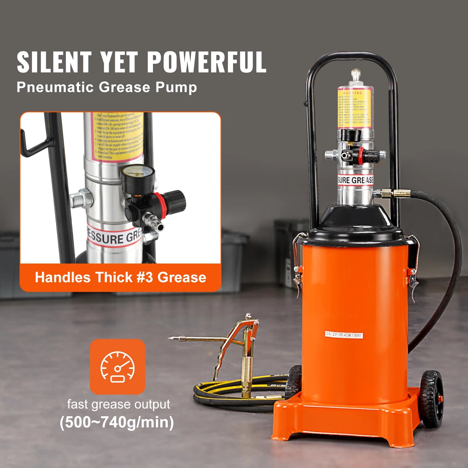 Air Operated Grease Pump with Hose and Wheels, 50:1 Ratio