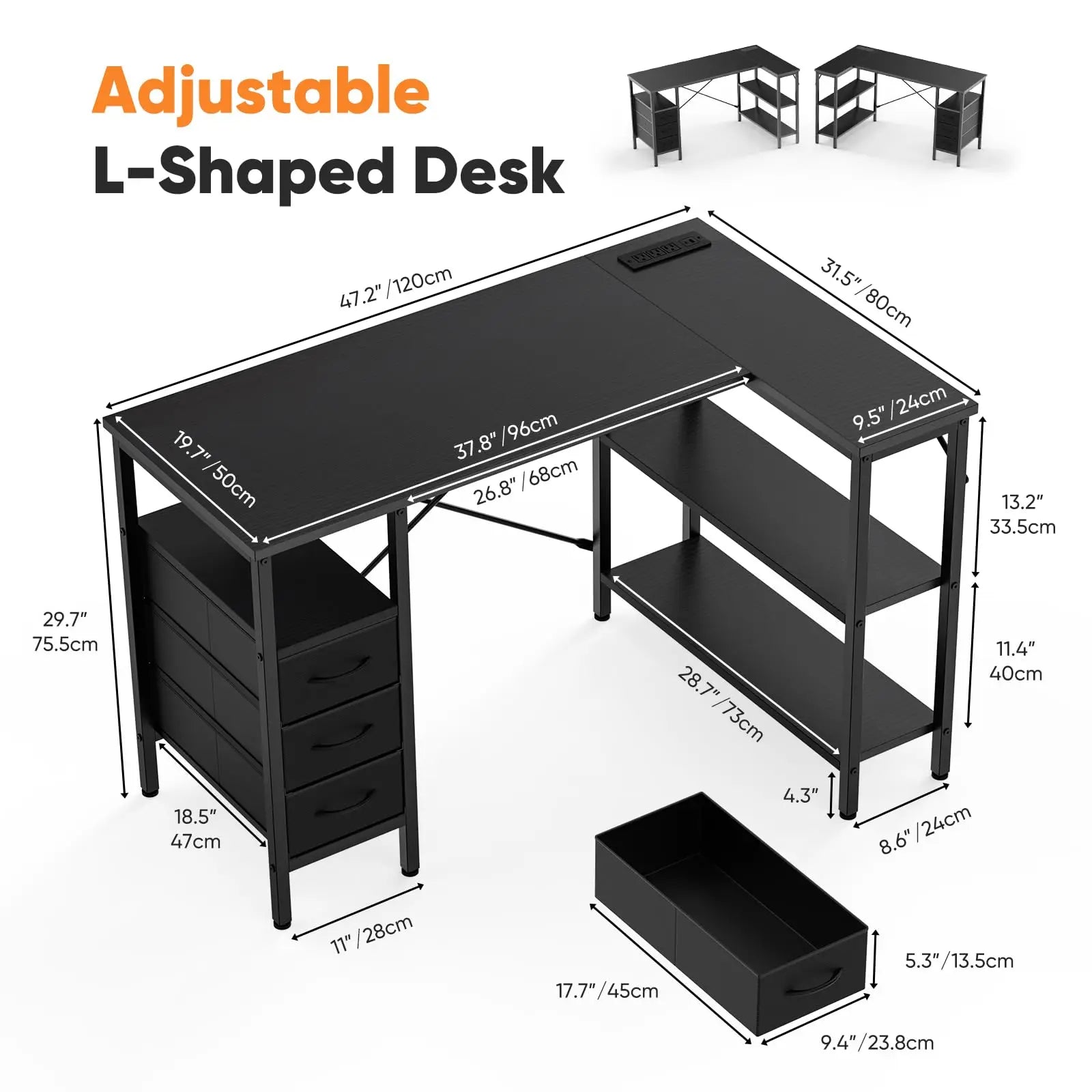 55 Inch L-Shaped Desk with Drawers, Shelves & Built-In Power Outlet