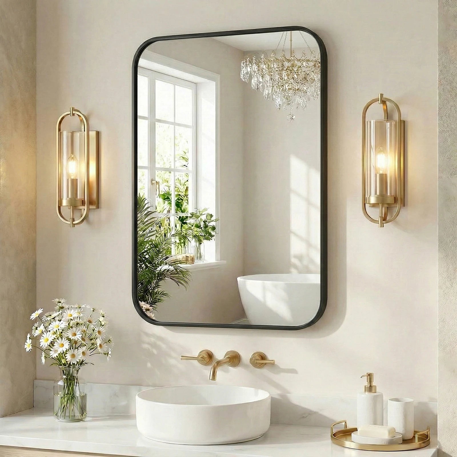 Rounded Rectangle Wall Mirror with Metal Frame, Tempered Glass