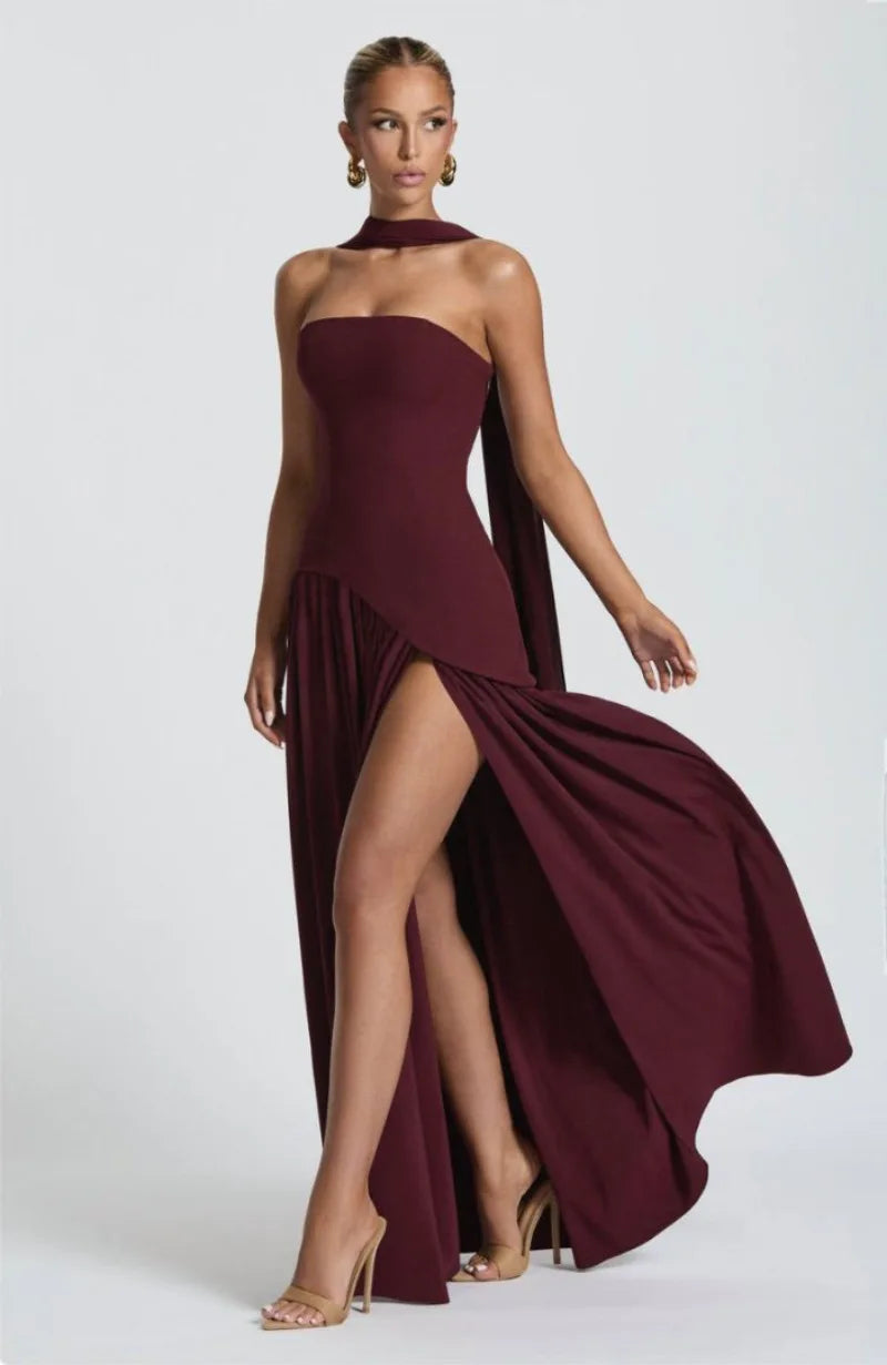 Elegant Strapless Floor-Length Women’s Slit Backless Evening Dress
