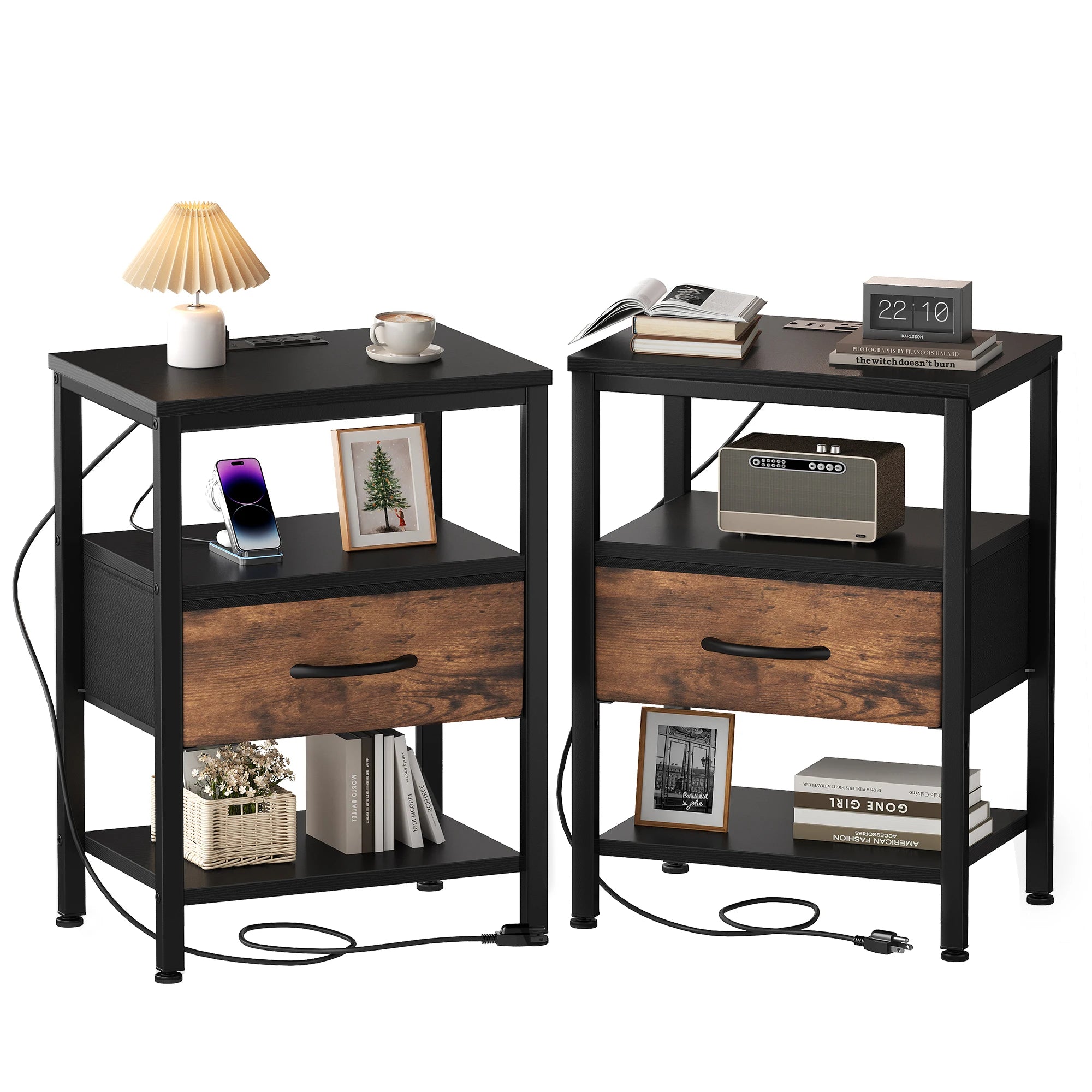 3-Tier Nightstand Set of 2 with Charging Station and Storage Drawers