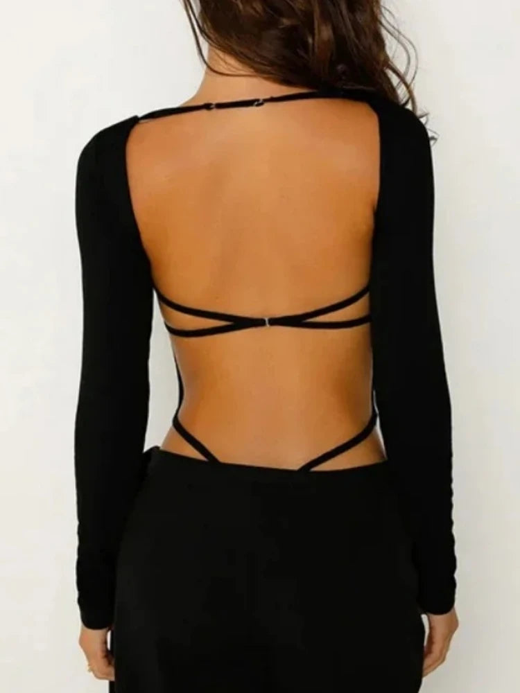 Rugloze body met lange mouwen, nauwsluitend, vierkante hals, clubtop