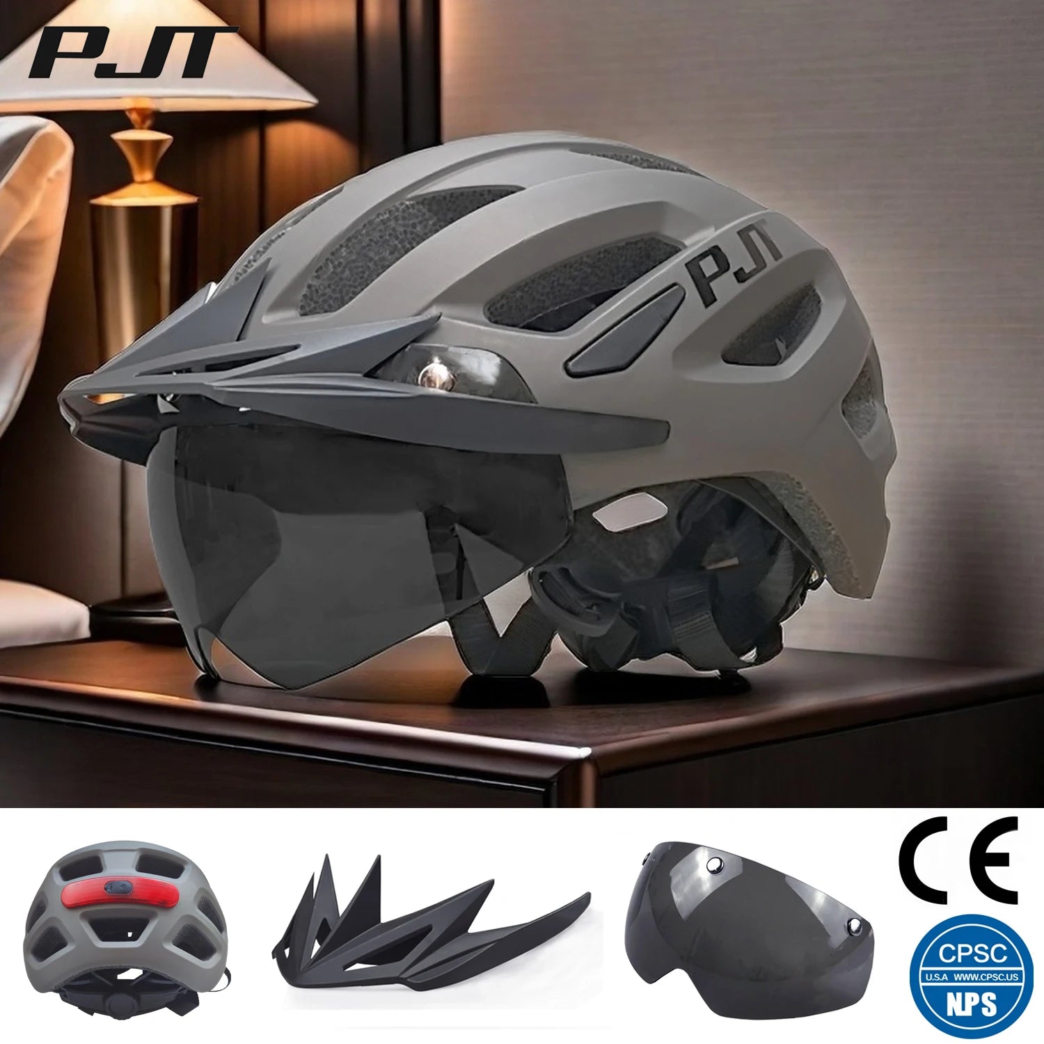 PJT New LED Bike Helmet With Sun Goggle Visor Rechargeable LED Men Bicycle Helmet Sunglasses Shield Road MTB Cycling Helmets 