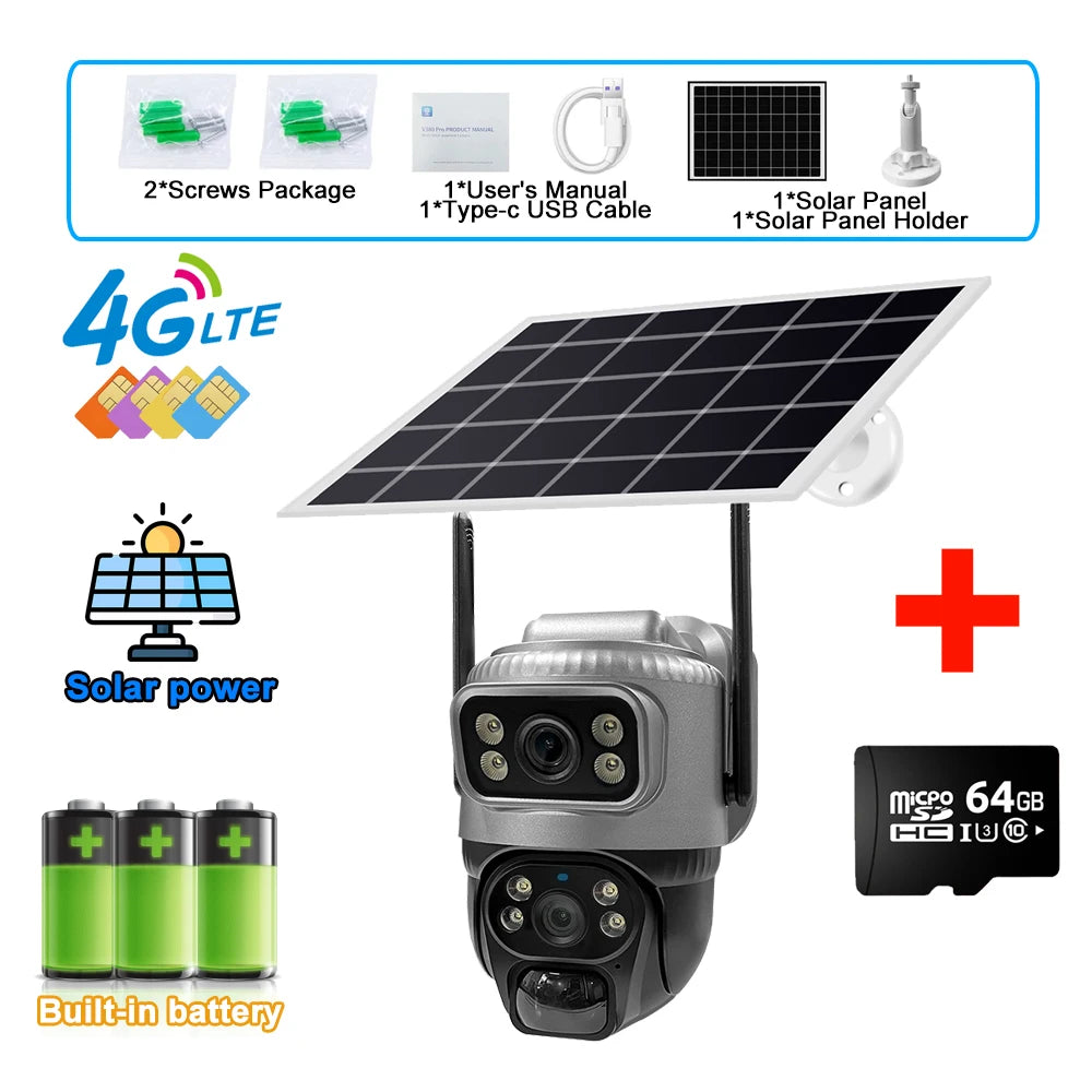 8MP 4K Solar Camera 4G Wifi Outdoor Dual Lens PIR Human Detection Night Vision Waterproof Security Solar Battery CCTV Monitor 