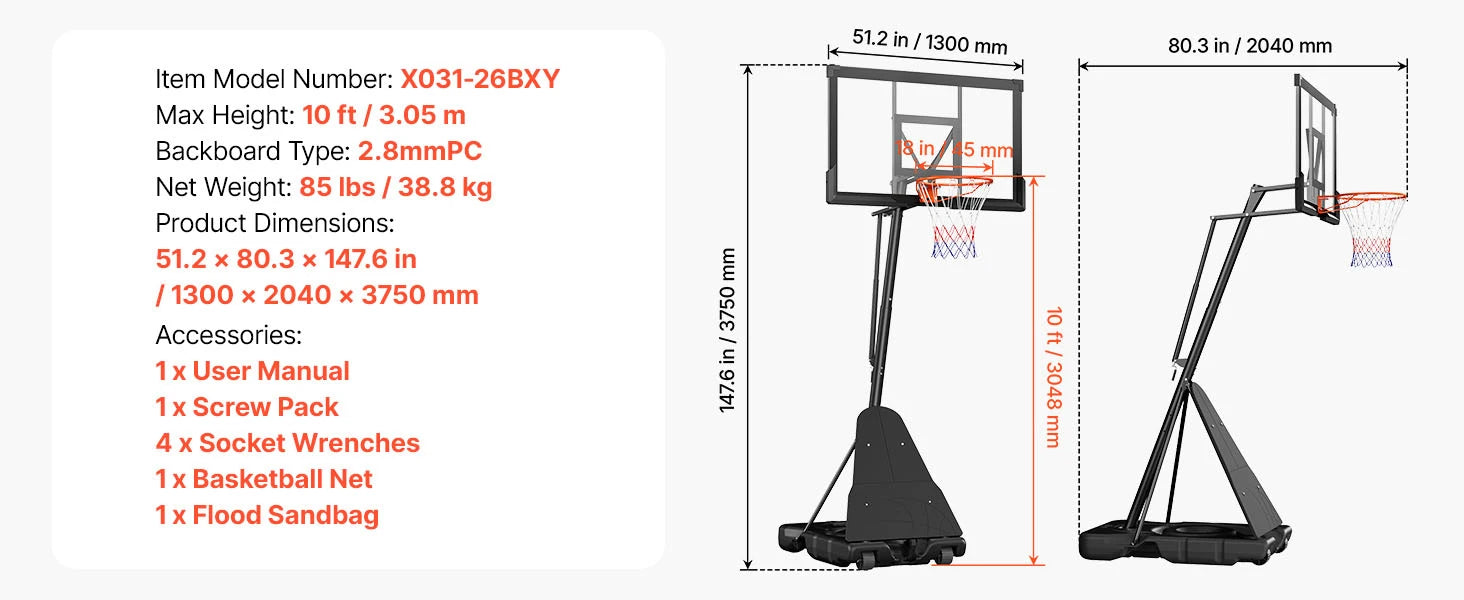 Système de panier de basket-ball portable réglable avec panneau de 44 à 54 pouces