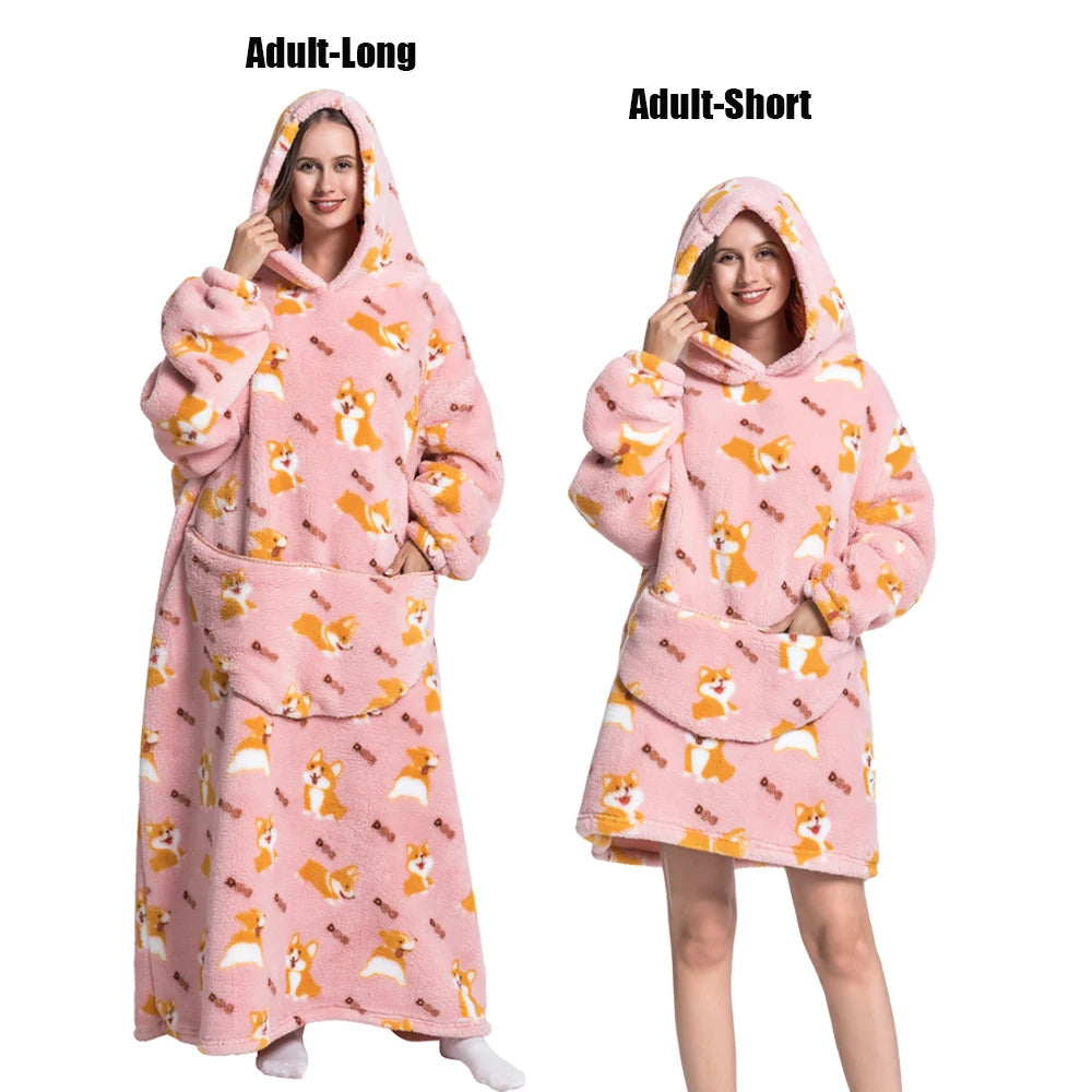 Women Plush Fleece Blanket Men Warm Thick Hoodies Adult Giant TV Blanlets with Sleeves Super Long Cold-proof Homewear Pajamas 