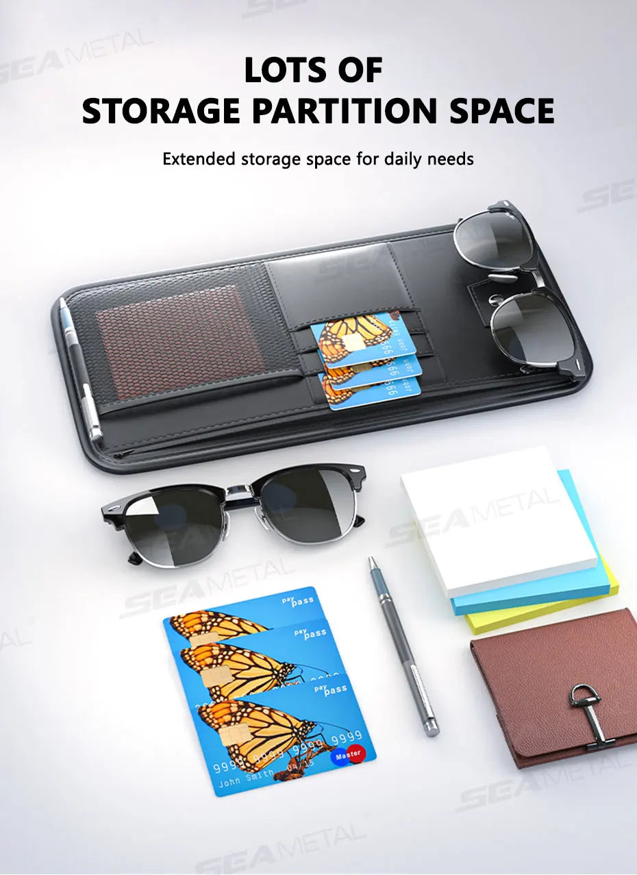 SEAMETAL 9 in 1 Sun Visor Organizer for Car PU Leather Zipper Storage Bag Net Pouch Auto Storage Pocket with Glasses/Card Holder