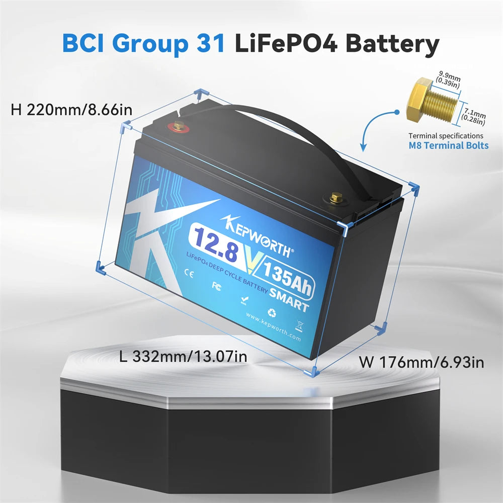 KEPWORTH 12V 135Ah LiFePO4 Battery Bluetooth, 100A BMS, Perfect Replacement for Lead-Acid Batteries for Caravans, Camping, Boats