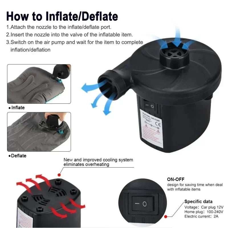 Electric Air Pump for Air Beds, Pools and Floats, Mains or 12V