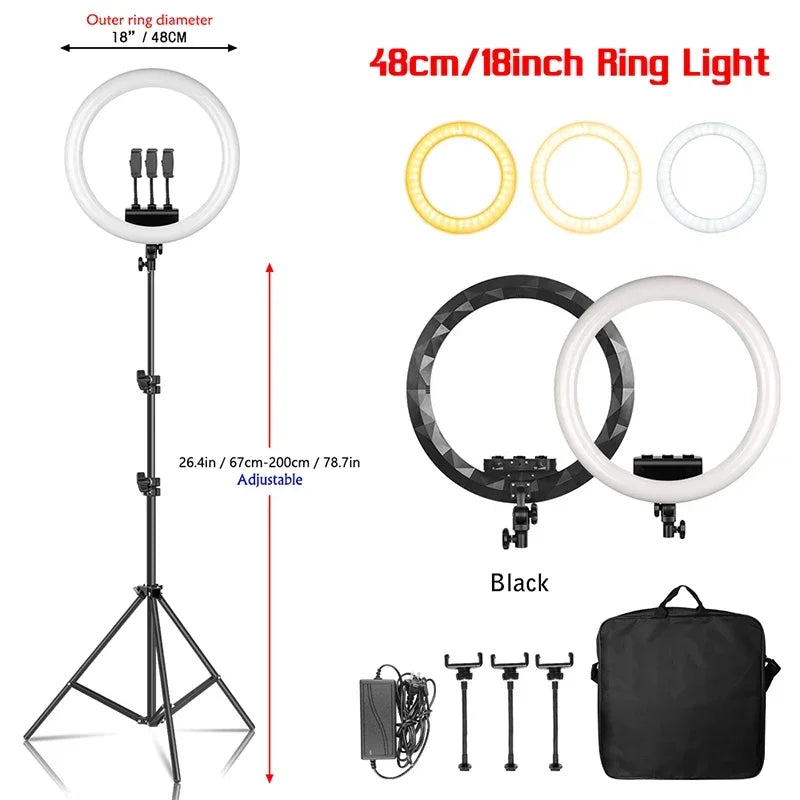 SH 18 Inch Thin Ring Light LED Selfie Video Lamp With Tripod Stand Phone Clip For YouTube Live Light Photography Studio 