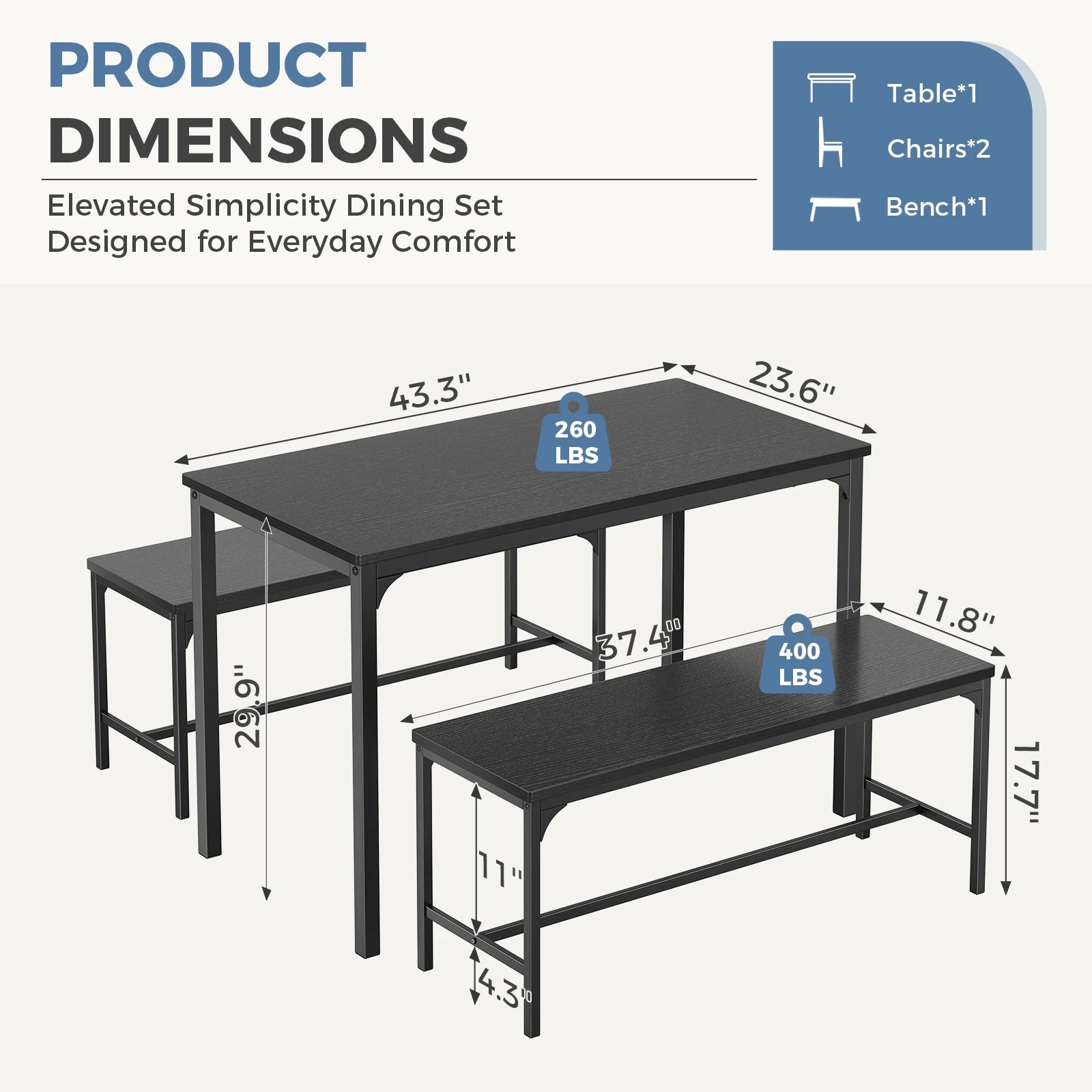 Space-Saving 3-Piece Dining Table Set with Chairs for 4