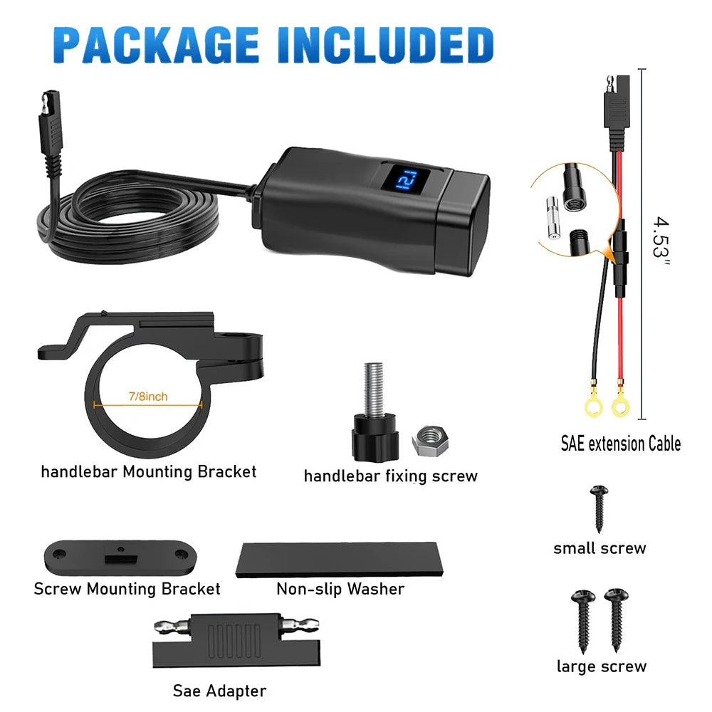 PD+QC3.0 Motorcycle USB Fast Charger 60W Handlebar Dual USB Socket with Switch Voltmeter Waterproof 12V Power Supply Adapter 