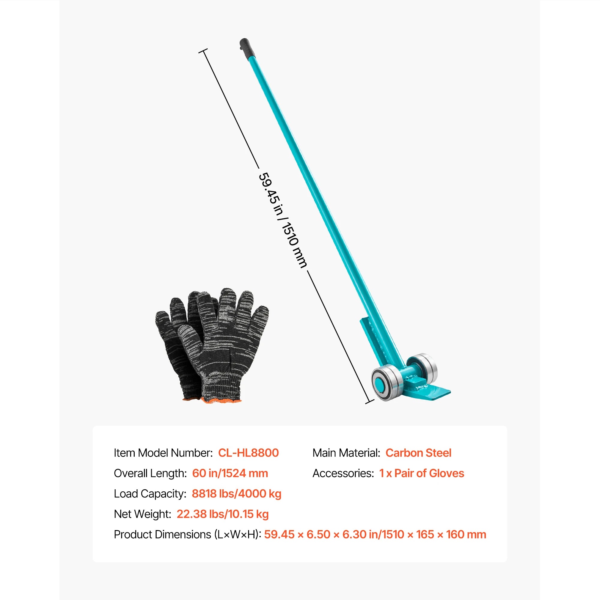 SucceBuy 8818 lbs Prylever Bar Carbon Steel Handle Lever Dolly Pry Lever Bar med hjul för betongblock utrustningshantering