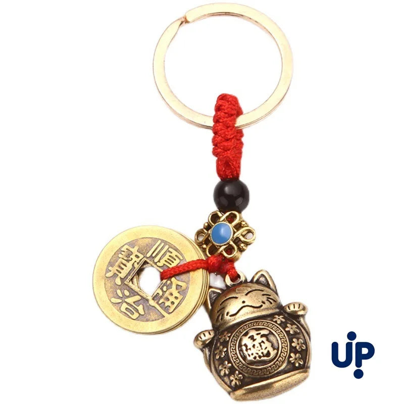 1Pc Vintage Pure Handmade Lucky Cat Car Keychain Lucky Cat Five Emperors Money Keychain Feng Shui Coins Solid Lucky Key Ring