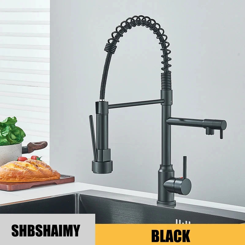 Black Kitchen Sink Faucet Pull Down Hot and Cold Water Mixer2 Mode Tap with Dual Spout 360 Rotation Flexible Deck Mounted 