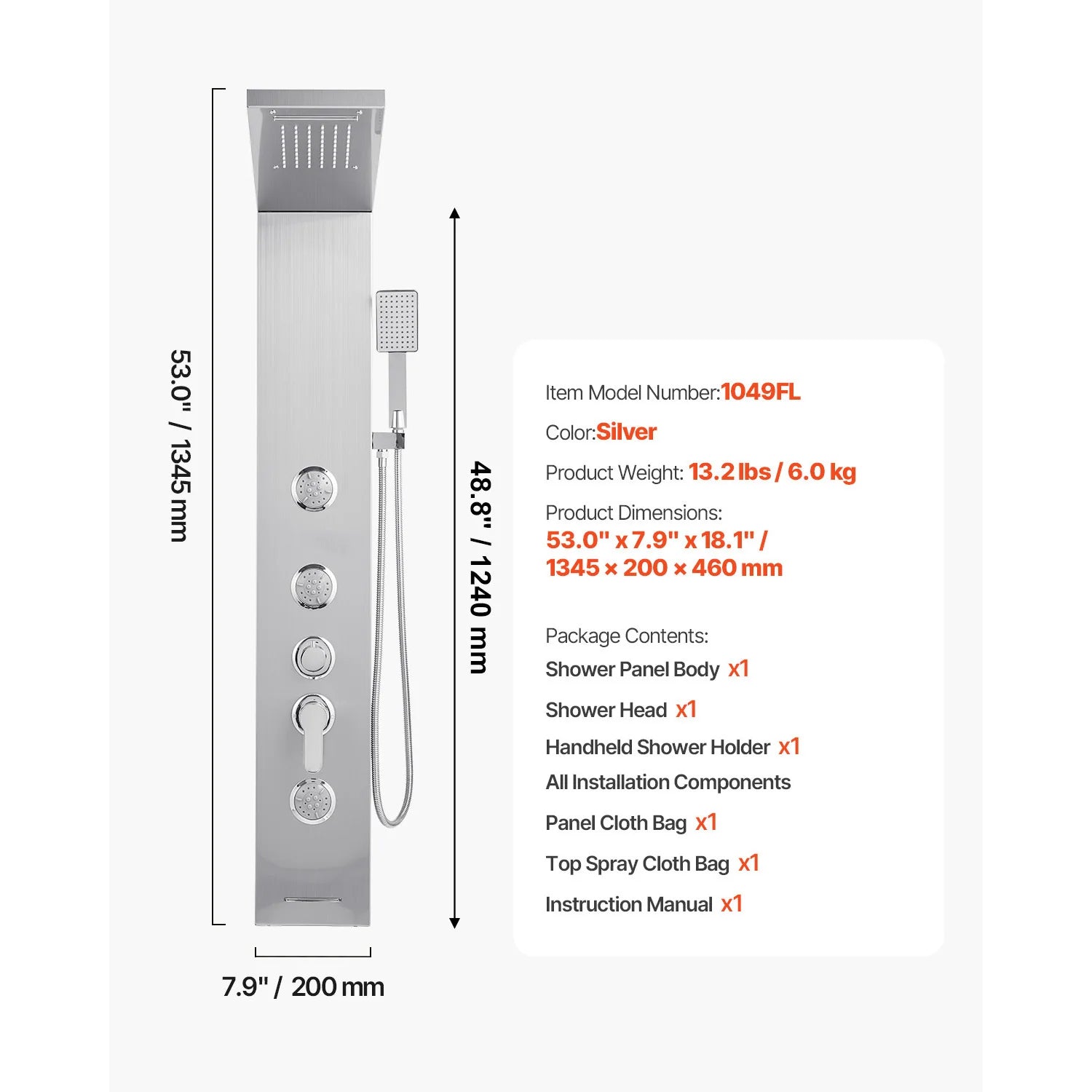 5 Function LED Shower Panel Tower with Waterfall Head Stainless Steel
