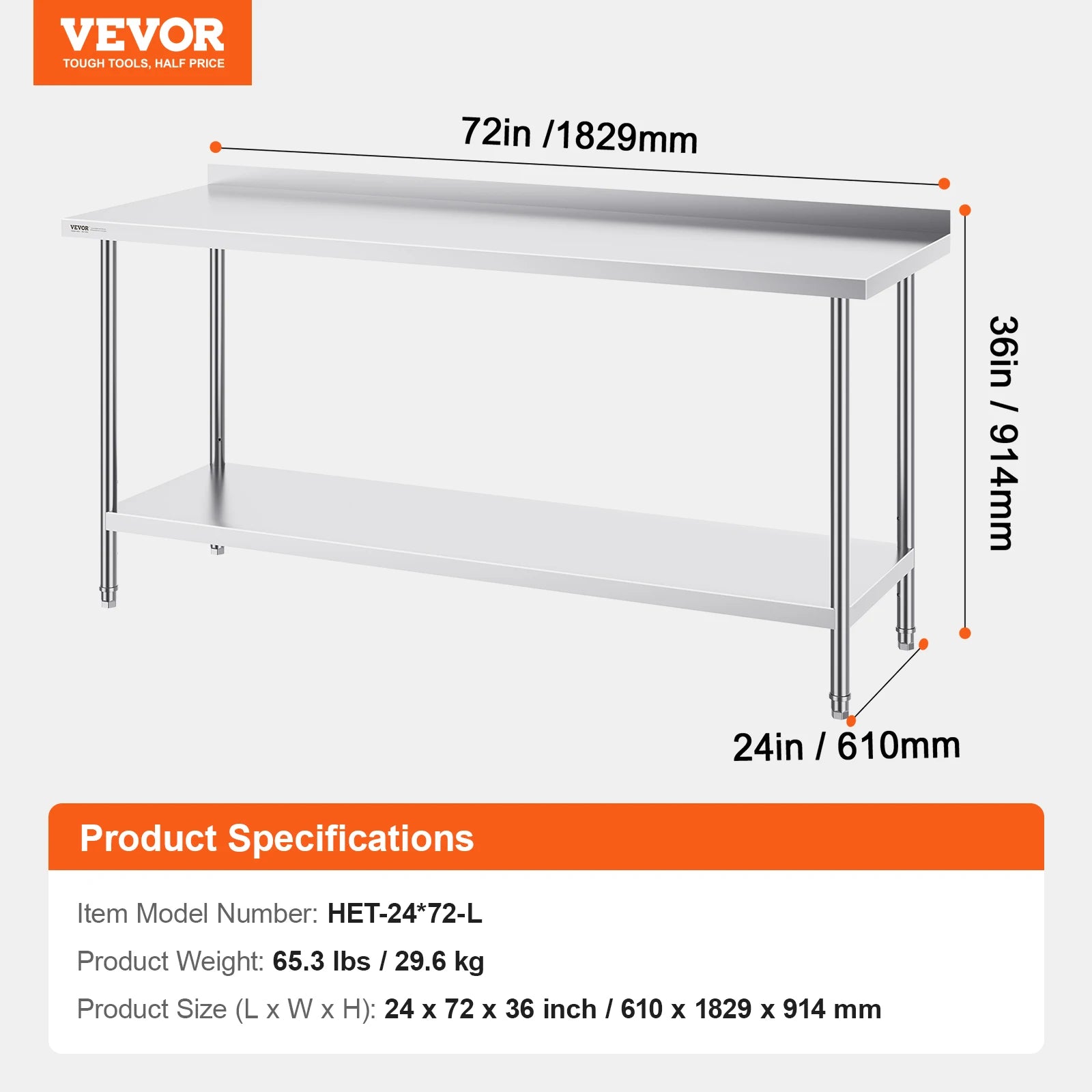 Stainless Steel Work Table 24x72 Inch Heavy-Duty Prep Station