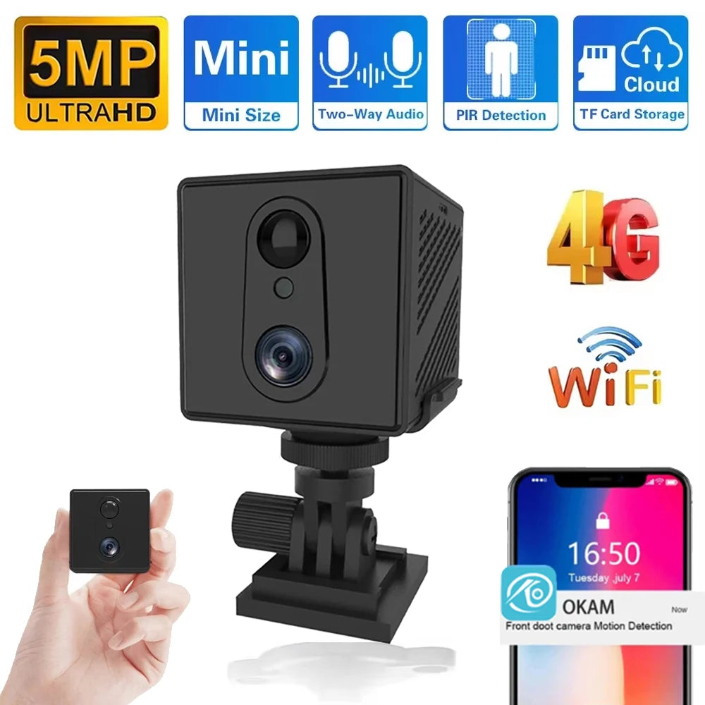 Mini 4G beveiligingscamera met AI-detectie, 5MP HD en nachtzicht