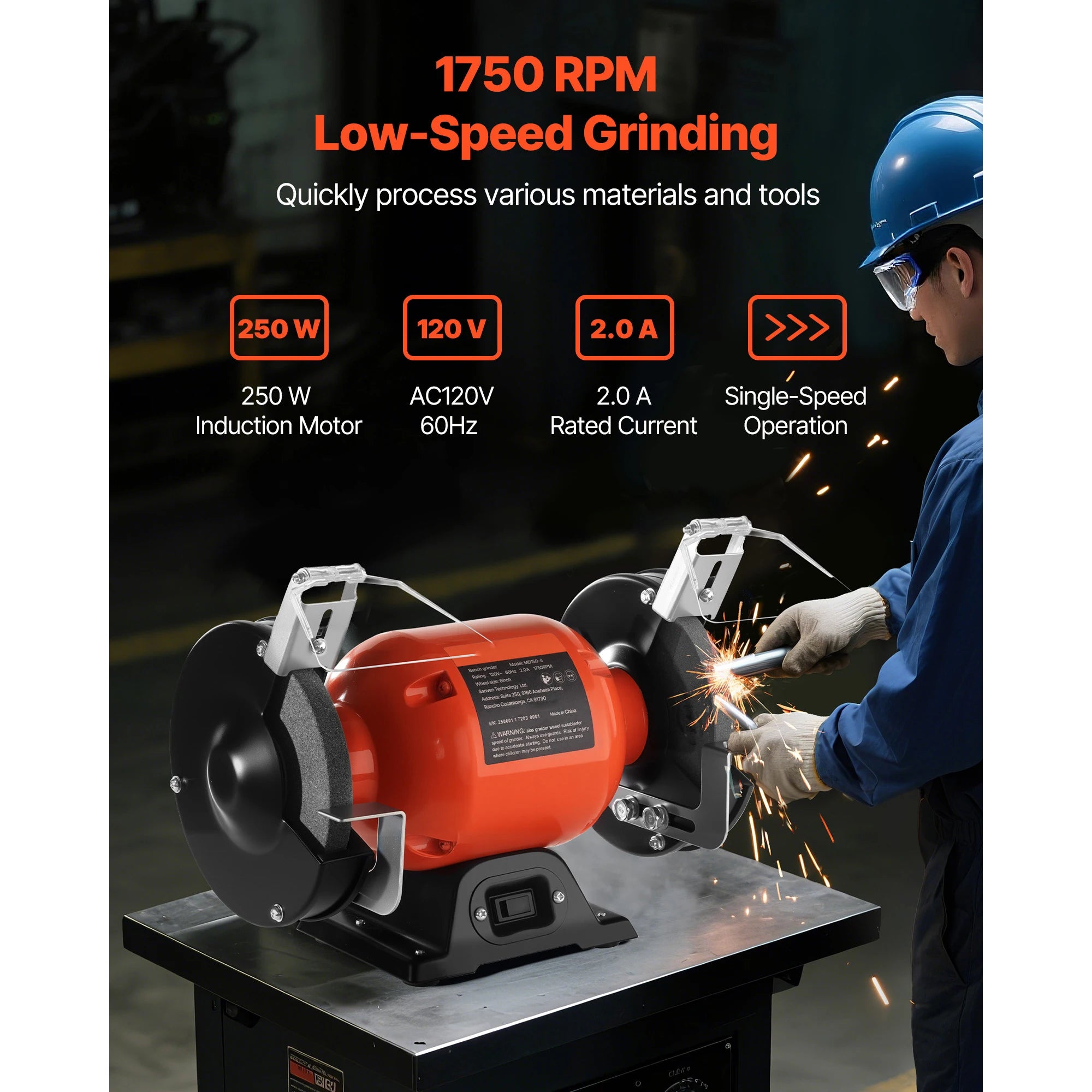 6 İnç Tezgah Taşlama Makinesi 1750RPM Düşük Hız Ayarlanabilir Takım Dayanağı ile