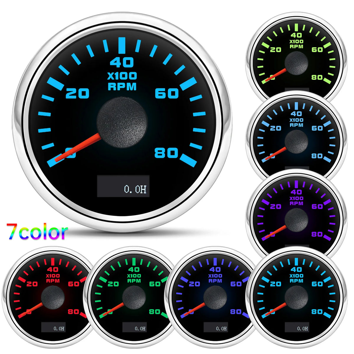 52 mm Tachometer Gauge with 7-Colour Backlight for Car and Boat