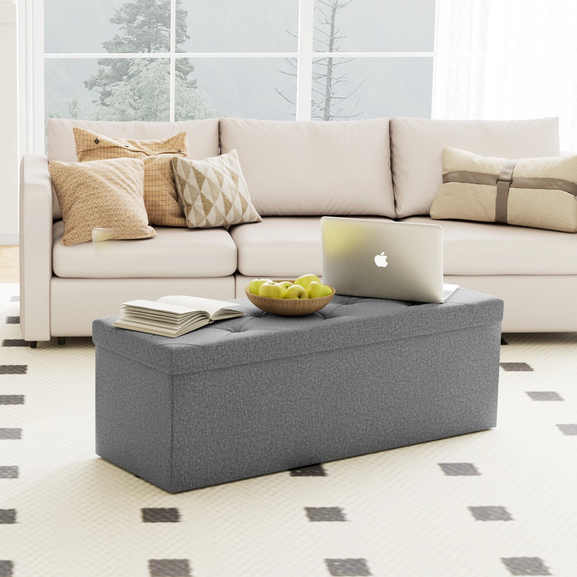 Folding Storage Ottoman Bench with Hidden Toy Box & Cushion Seat