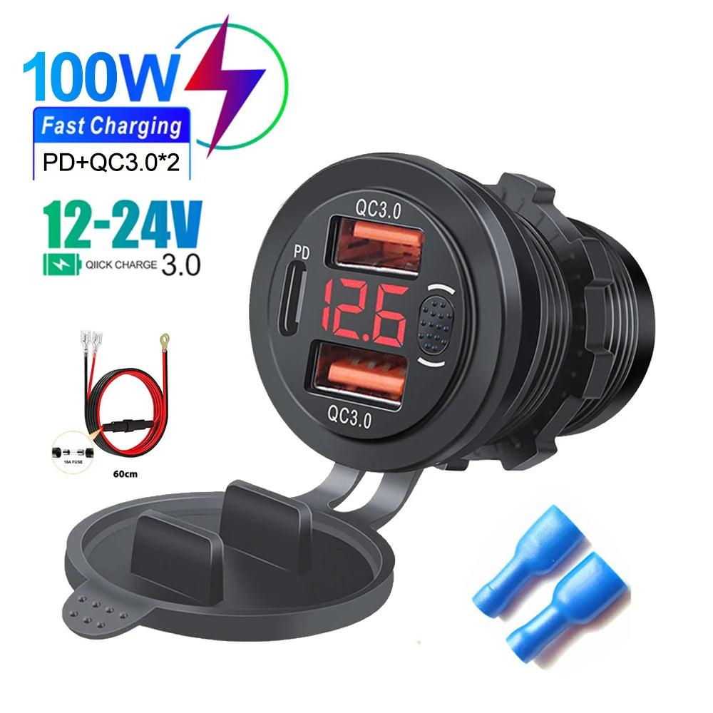 100W USB Car Charger Socket with Dual QC3.0, USB-C PD, Voltmeter and Touch Switch