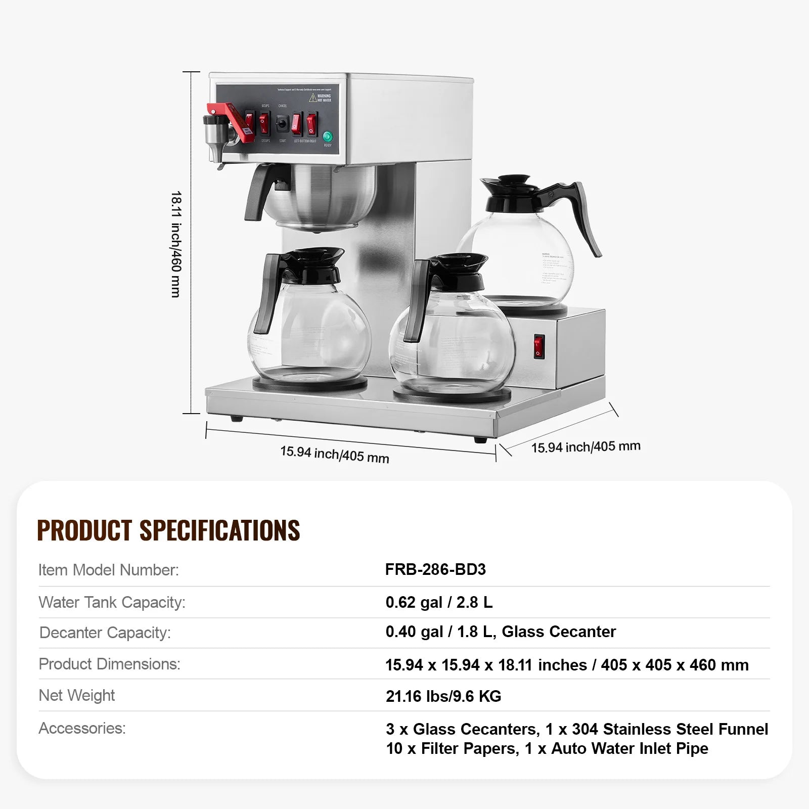 12-Cup Commercial Drip Coffee Maker with 3 Glass Carafes and 3 Warming Plates