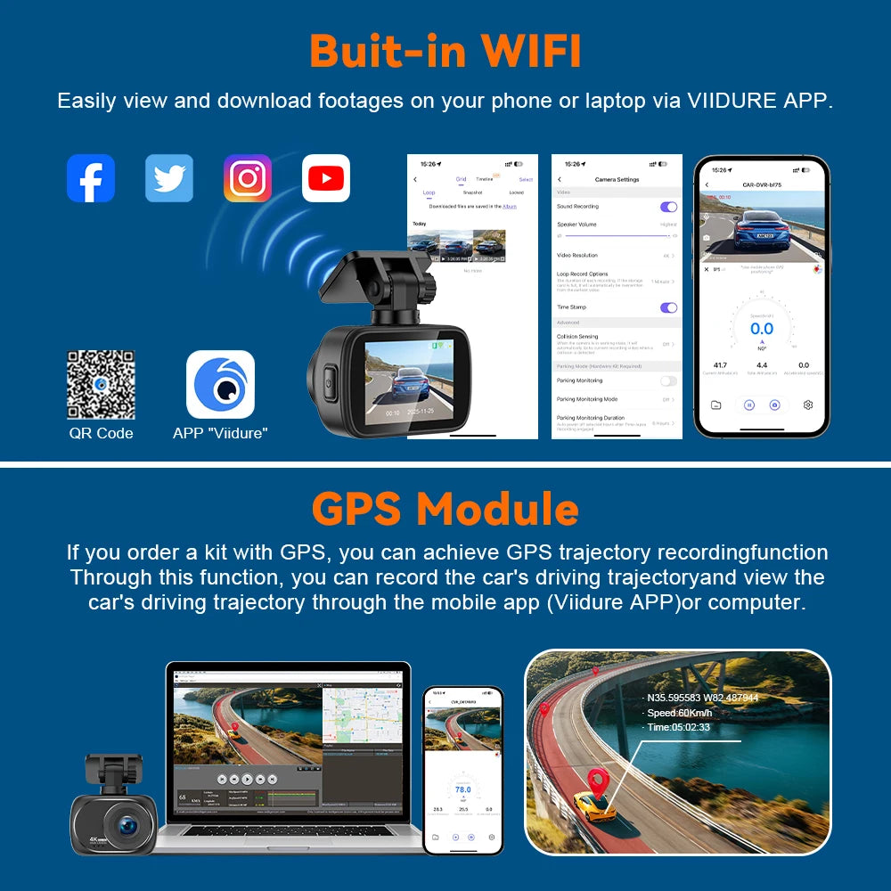 Soam 4K+4K Dash Cam Front and Rear Built-in WiFi 170°Wide Angle 2" IPS Screen Night Vision WDR 24H Parking Mode Mini Black Box