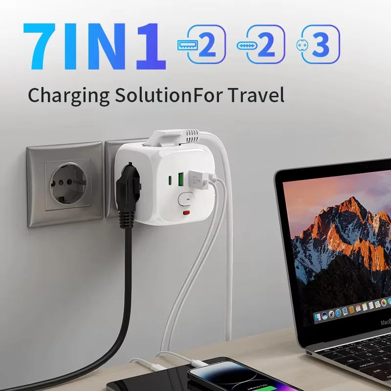 EU Desktop Power Strip with 3 AC, 2 USB-A & 2 USB-C