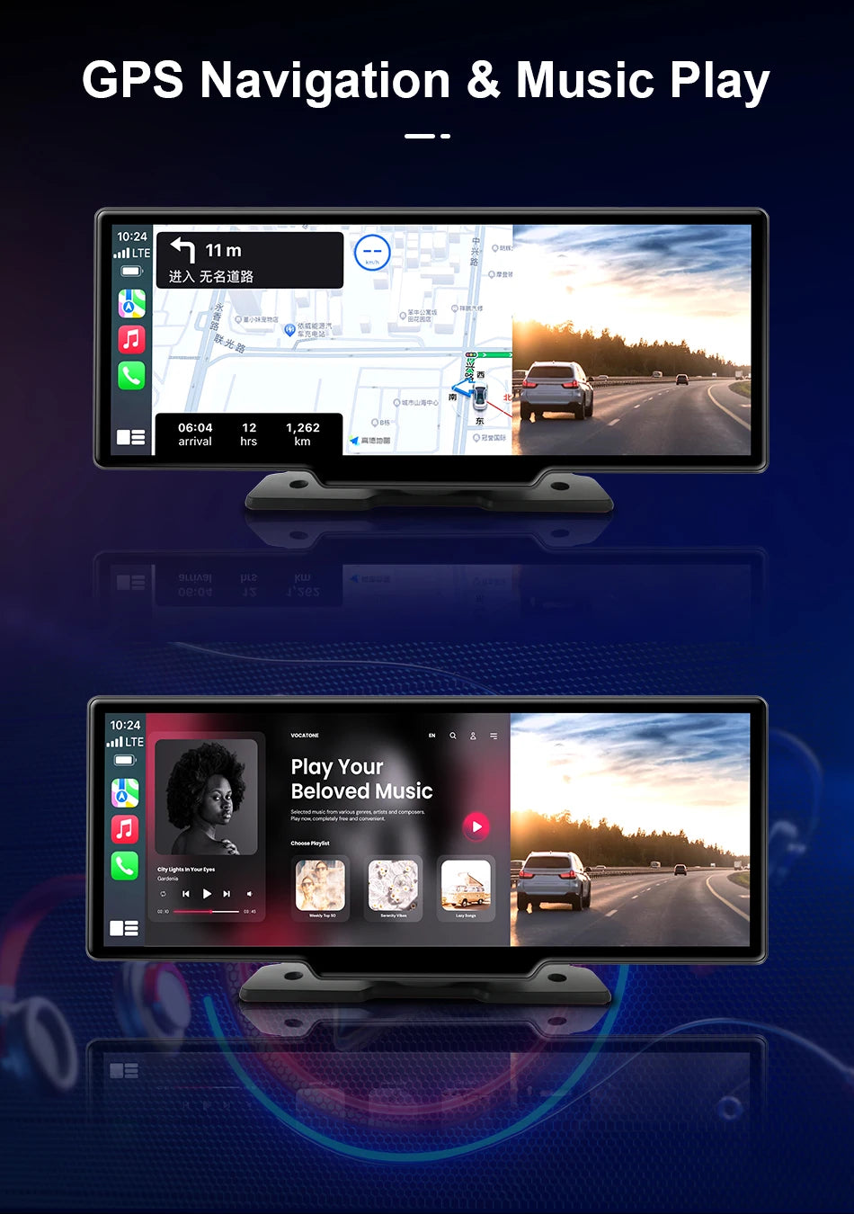 Wireless CarPlay Screen with 4K Dash Cam and GPS