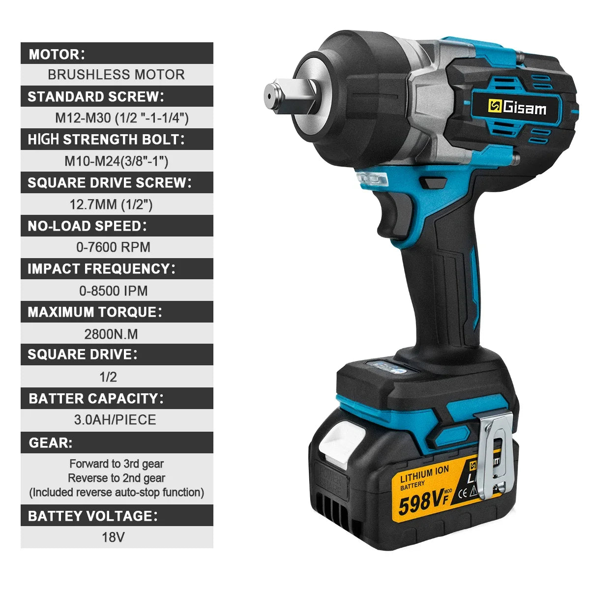 Gisam 2800N.M bezkefkový elektrický kľúč pre batérie Makita 18V