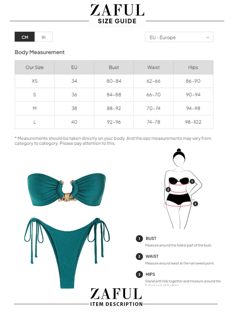 ZAFUL Solid O Ring Swimsuit For Women Tie Side Shiny Metal Hardware Ring Bandeau Bikini Swimwear Padded  Bra Top Low Waisted