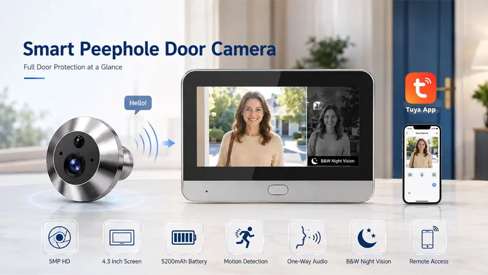 Mini caméras de sonnette WiFi 5 MP avec moniteur intérieur, écran 4.3 pouces, batterie rechargeable 5200 mAh, détection de mouvement PIR, vision nocturne noir et blanc, surveillance à distance, application Tuya, système de sécurité domestique
