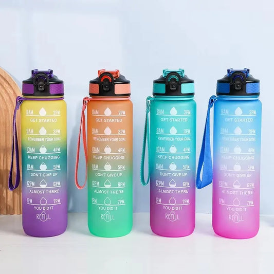 1 Stück 1000 ml Farbverlaufswasserflasche mit großem Fassungsvermögen, Wasserflasche mit Strohhalm, 1 Liter, auslaufsicher, mit Zeitmarkierung, für Sport und Fitness
