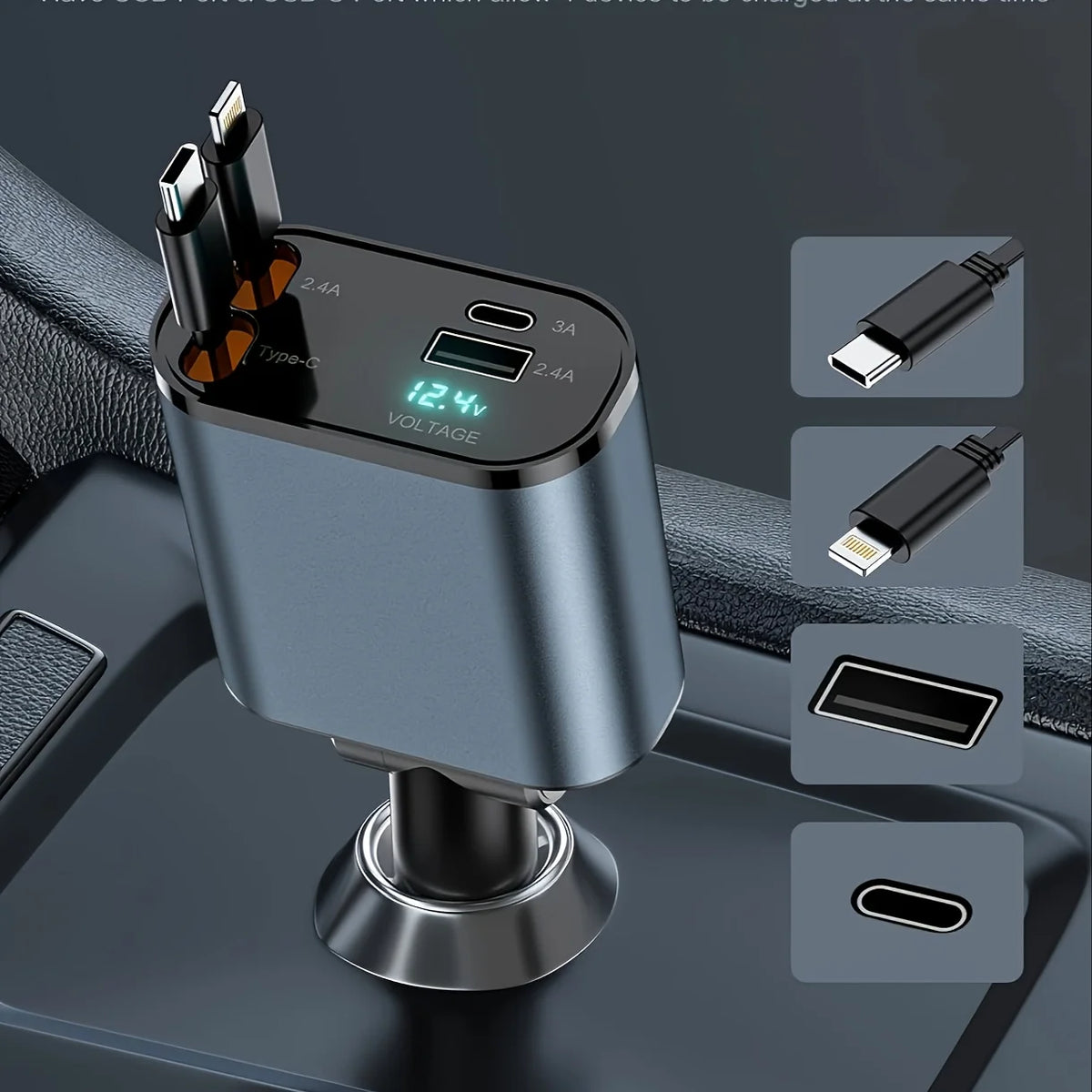 Chargeur de voiture rétractable 4-en-1 avec prise réglable