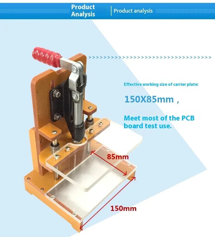 Fixture de test PCB avec zone de travail 150 x 85 mm