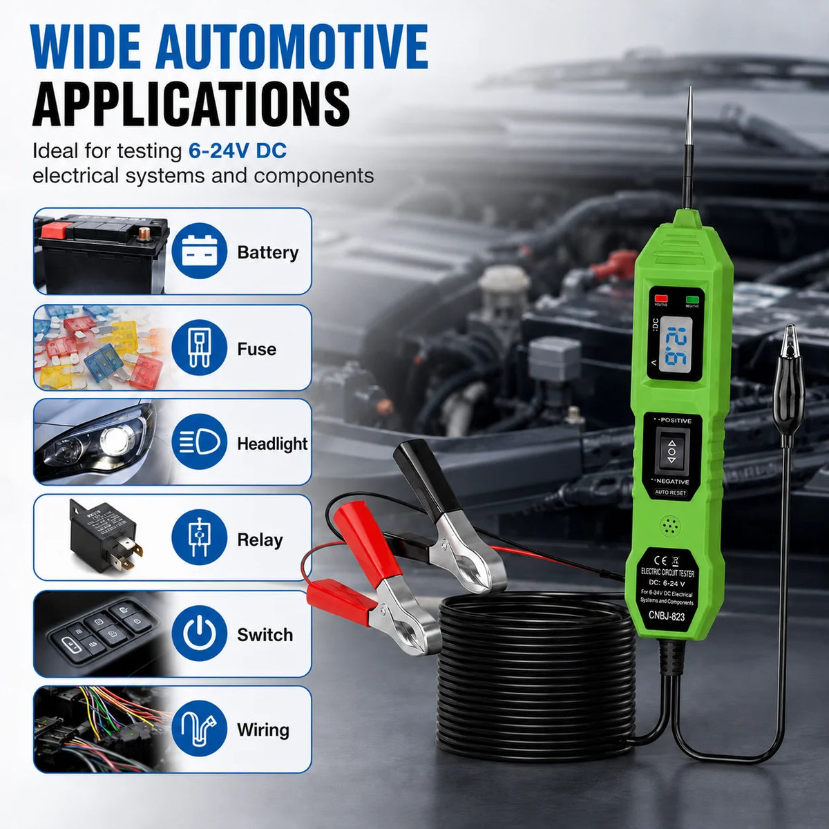 Smart Car Circuit Tester 823, s LED zobrazením napätia - napájanie USB, kompatibilné s vozidlami 3,5–36 V DC