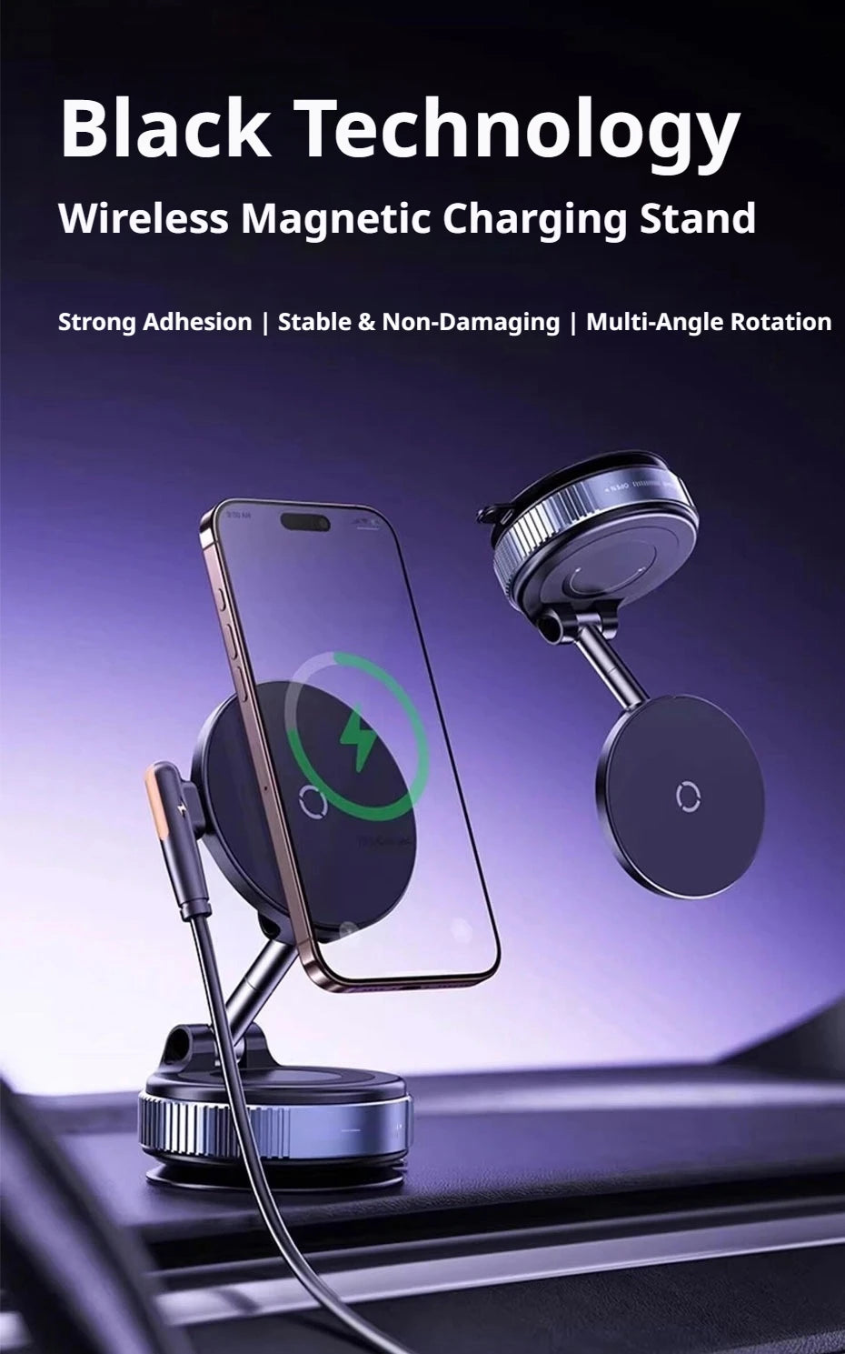 SEAMETAL Strong Magnetic Car Phone Holder Foldable 360° Rotation Multi-scene application 15W Vacuum Suction Wireless Charger