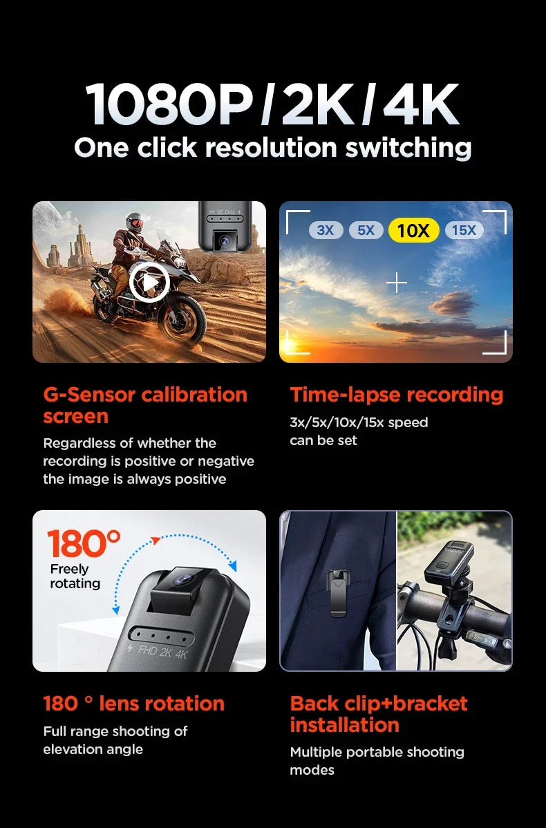 Câmara Micro Full HD 4K Equipamento de Gravação Portátil para Motocicletas, Bicicletas, Registos de Polícia/Aplicação na Lei, Extrema