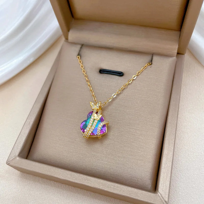 ZAKOL Gorgeous Colorful Zircon Love Heart Pendant Necklace For Women Fashion Stainless Steel Neck Chain Jewelry Gift 