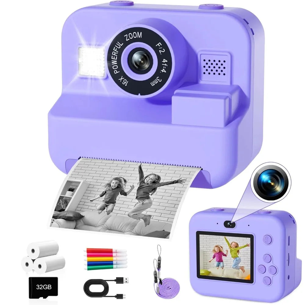 Educational Thermal Instant Print Camera with 32GB Card, 1080P Mini Digital Video Camera for Kids