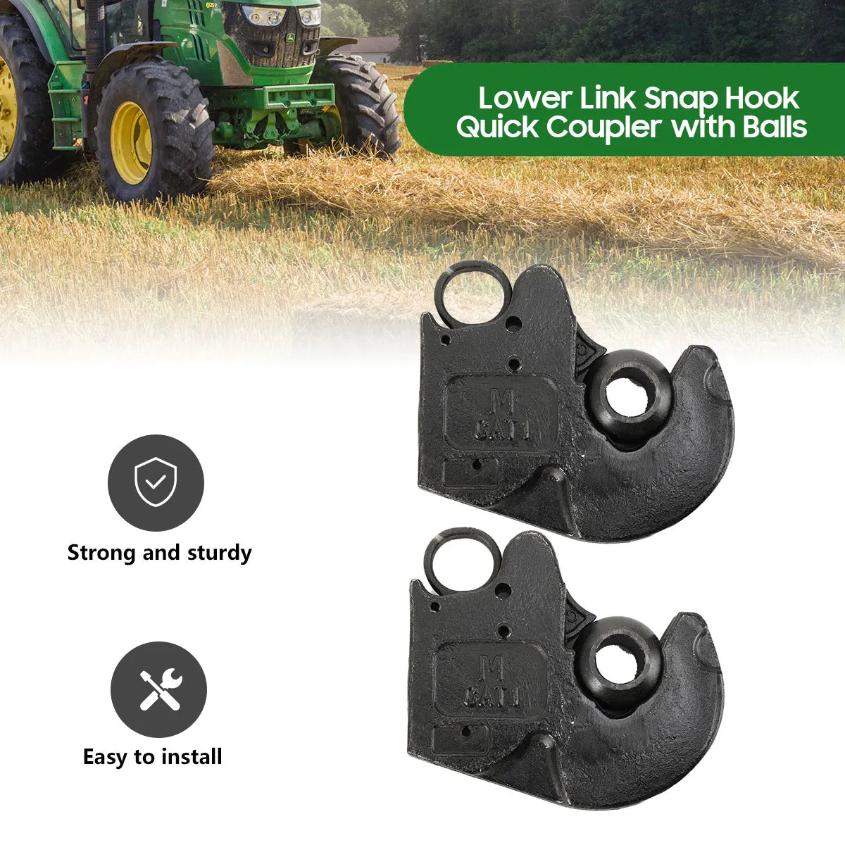 2-Pack CAT I Lower Link Quick Hitch Hooks with Balls for 60-120 HP Tractor 36MnCr5 Steel 7.5 Kg Each - Agricultural Tractor Hitch System 2-Pack CAT I Lower Link Quick Hitch Hooks with Balls – 60–120 HP Tractor 36MnCr5 Ste