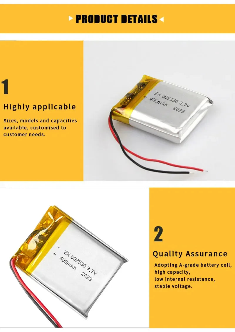 602530 3.7 V 400 mAh oppladbart LiPo-batteri
