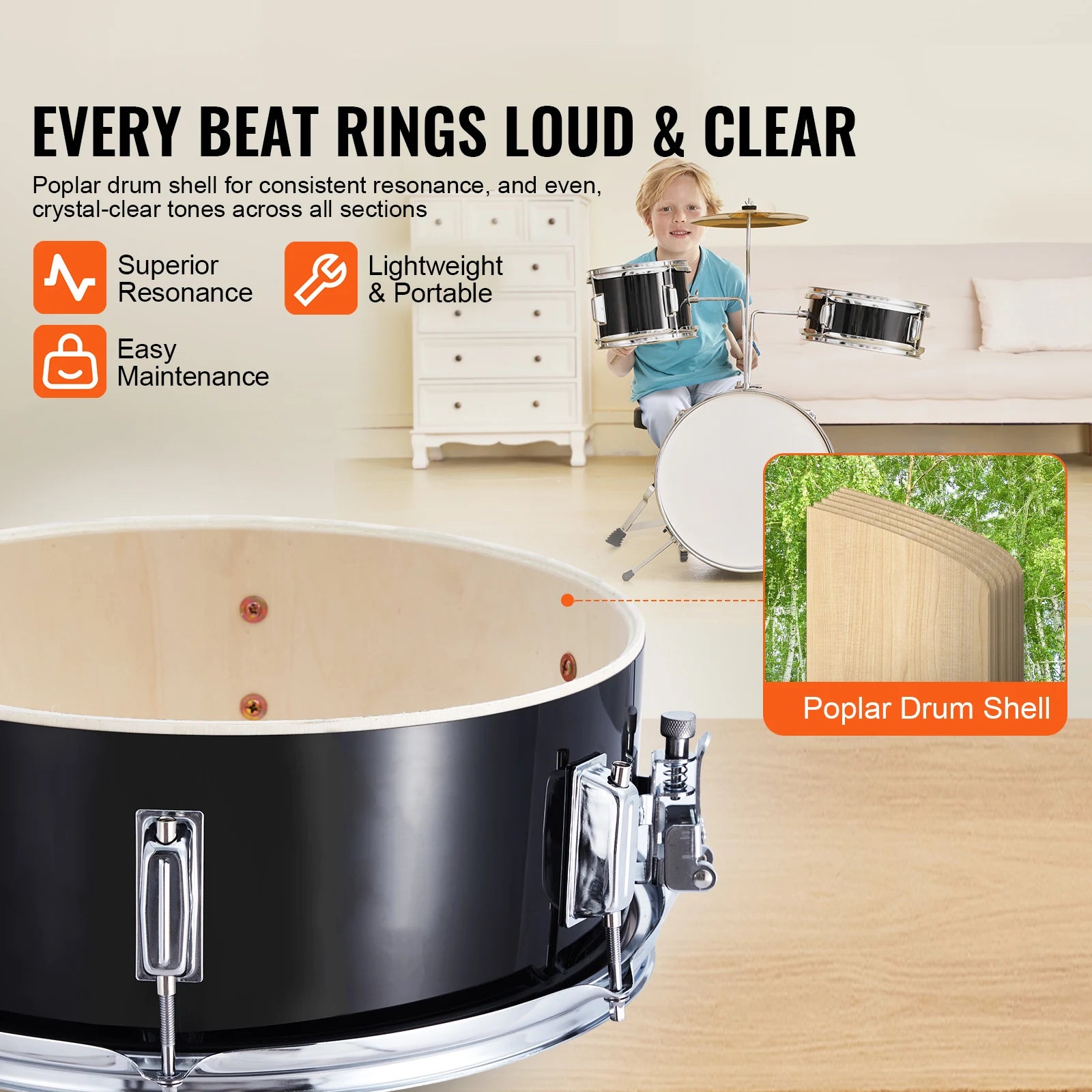 Kids 3-Piece Drum Set with 14" Bass, Adjustable Throne & Cymbal